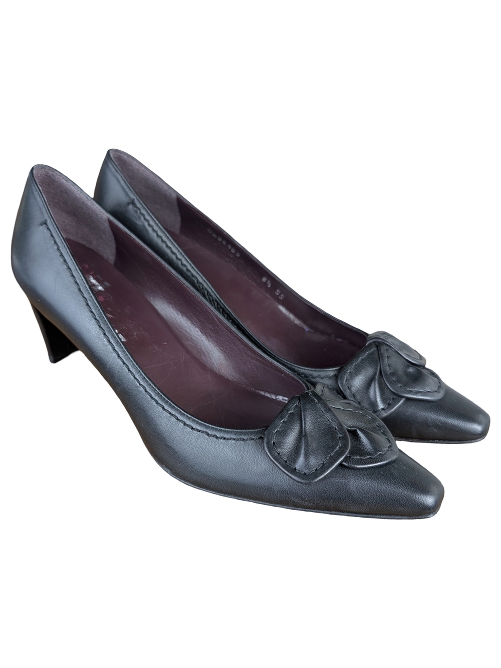 Stuart Weitzman Black Leather Pointed Toe Floral Heels 8.5 SS Super Slim Narrow